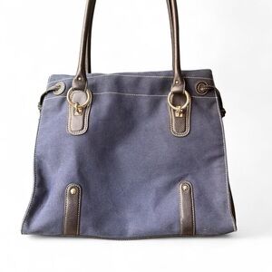Navy Blue Canvas & Leather Tote Bag | Fits 17" Laptop | Utility Shopper